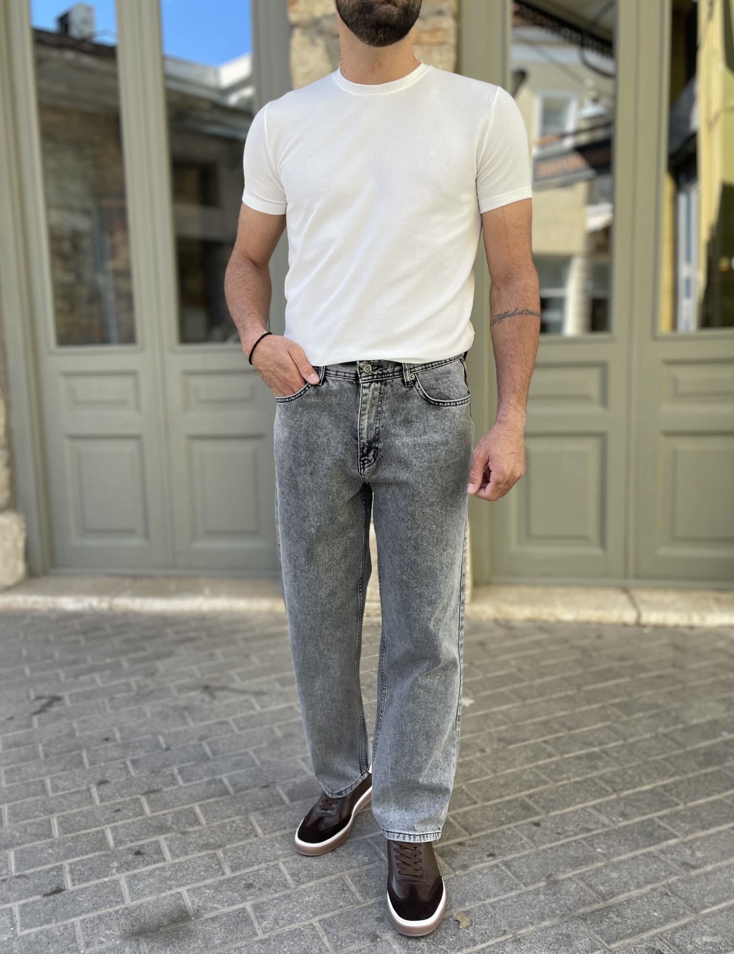 Ανδρικό γκρι Loose τζιν ελαστικό πεντάτσεπο με φερμουάρ G81091 φωτογραφία